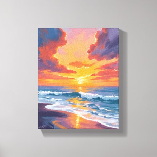 Beach Sunset Watercolor Ocean Painting キャンバスプリント (正面)