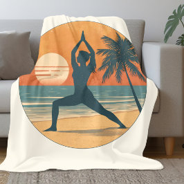Beach Sunset Yoga Silhouette | Cream Coastal Life フリースブランケット