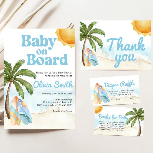 Beach Surf Baby on Board Baby Shower 招待状