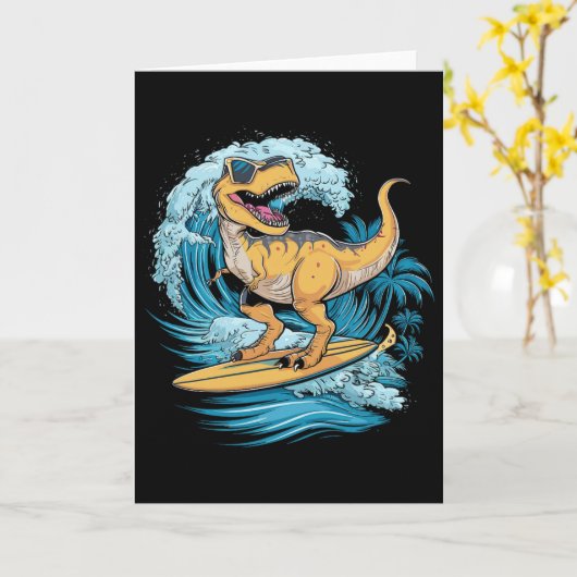 Beach Surfing Dinosaur T-rex Surfer  カード (黄色い花)