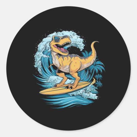 Beach Surfing Dinosaur T-rex Surfer  ラウンドシール (正面)