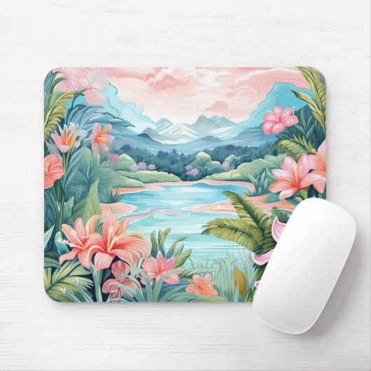 Beach Tropical Island Jungle Mountains Floral マウスパッド (マウス)
