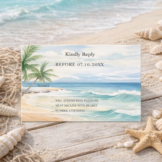 Beach tropical watercolor wedding response RSVP ノートカード
