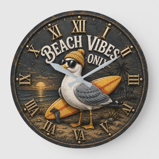 Beach Vibes Only Seagull Coastal Surf Decor ラージ壁時計 (正面)