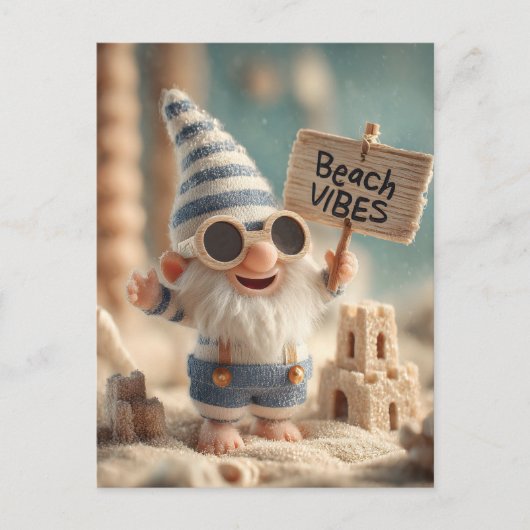 "Beach Vibes" Summer Garden Gnome ポストカード (正面)