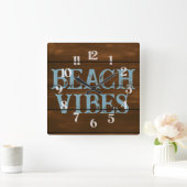 Beach Vibes Wording on Dark Wood Boards スクエア壁時計 (ホーム)