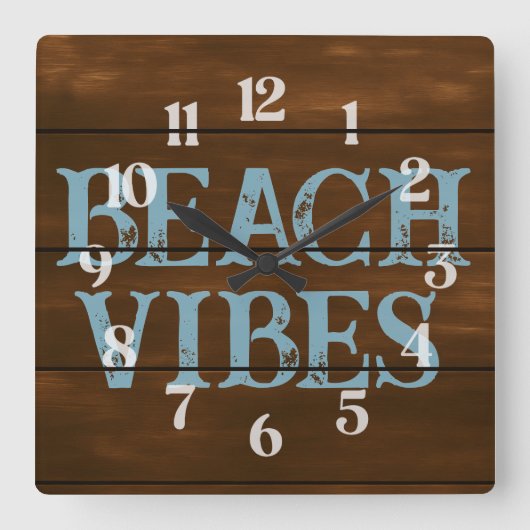 Beach Vibes Wording on Dark Wood Boards スクエア壁時計 (正面)