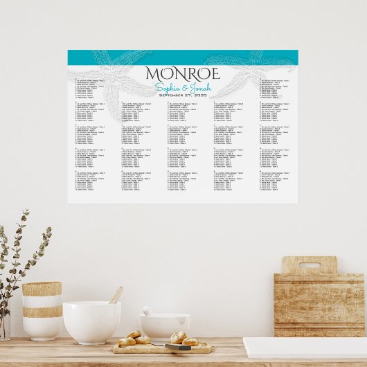 Beach Wedding Blue Starfish Big Seating Chart ポスター (キッチン)