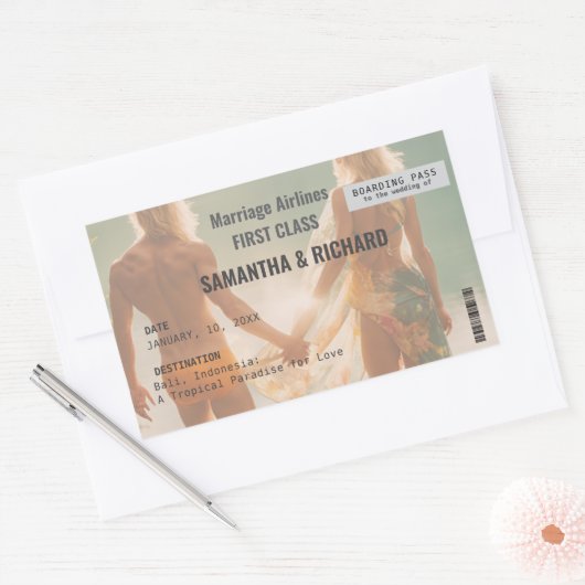 Beach Wedding Boarding Pass Romantic 長方形シール (封筒)