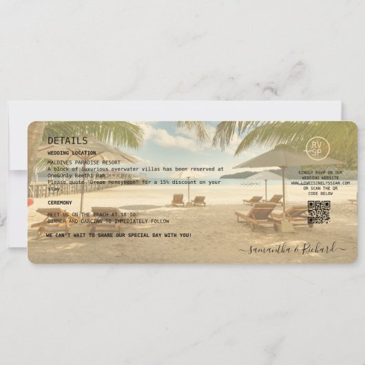 Beach Wedding Boarding Pass Romantic Beach  招待状 (裏面)