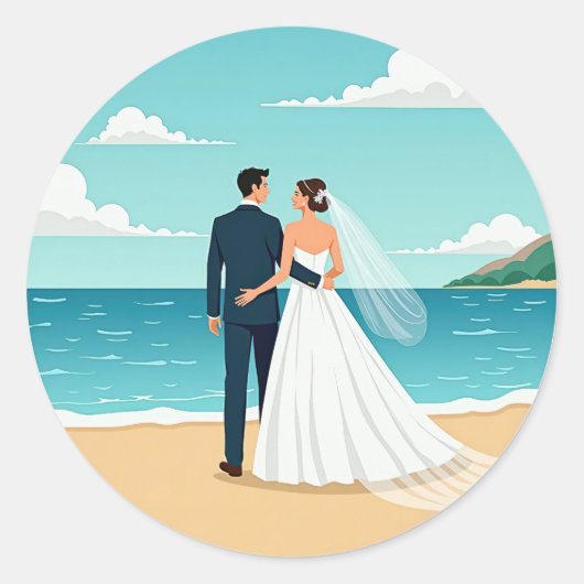 Beach Wedding Couple Sticker ラウンドシール (正面)