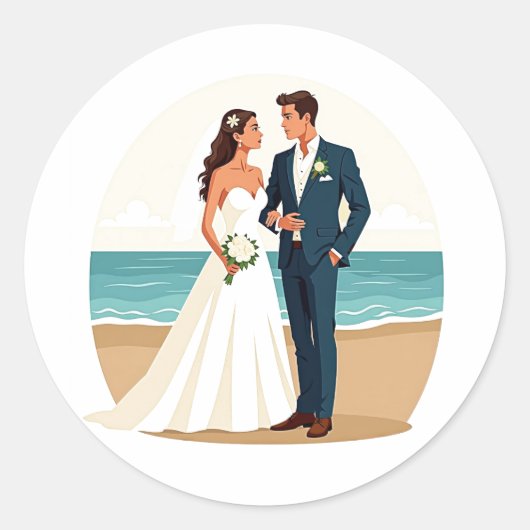 Beach Wedding Couple Sticker ラウンドシール (正面)