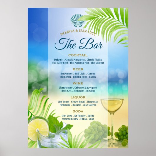 Beach Wedding Mojito Wine Palm Open Bar Menu ポスター (正面)