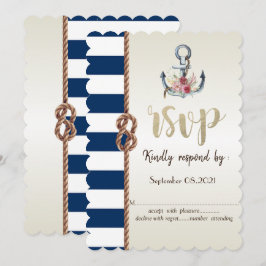 Beach Wedding Navy Rope, Striped RSVP Card 招待状