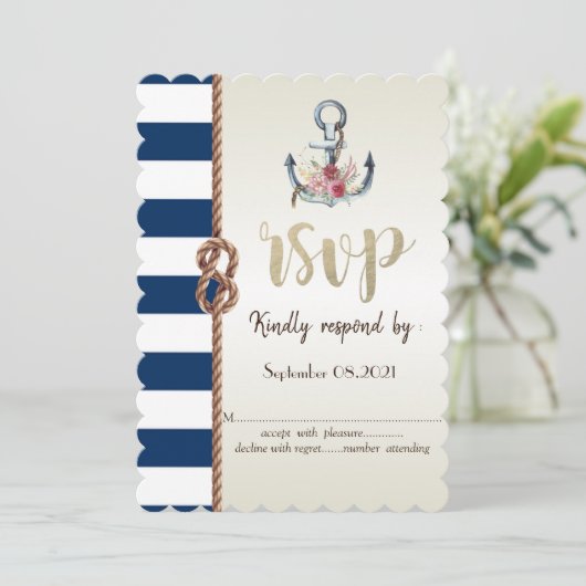 Beach Wedding Navy Rope, Striped RSVP Card 招待状 (スタンド正面)