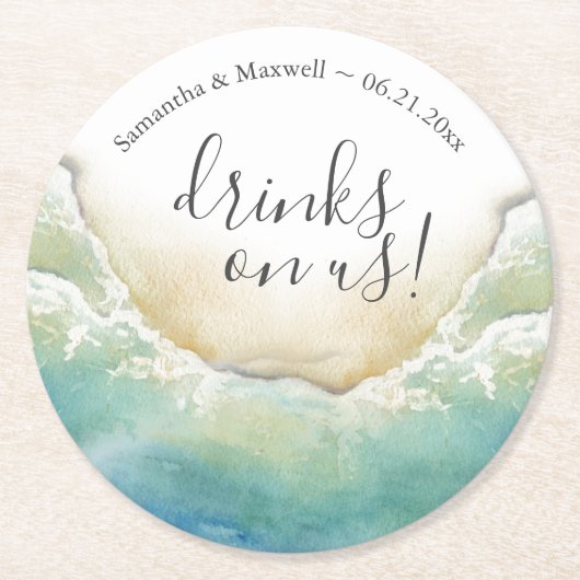 Beach Wedding Ocean Shore Custom Drink Coasters ラウンドペーパーコースター (正面)