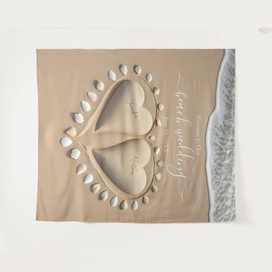 Beach Wedding Sand Hearts タペストリー (正面(横))