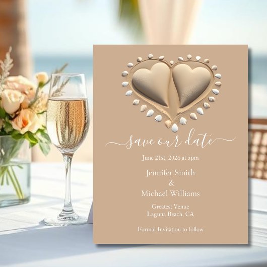 Beach Wedding Sand Hearts-Save Our Date エンクロージャーカード