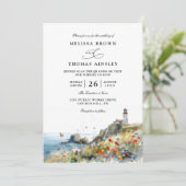 Beach Wildflower Lighthouse Beach QR Code Wedding 招待状 (スタンド正面)
