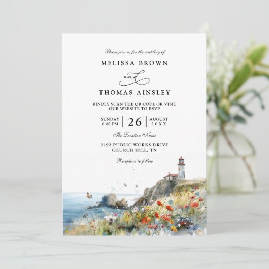 Beach Wildflower Lighthouse Beach QR Code Wedding 招待状 (スタンド正面)