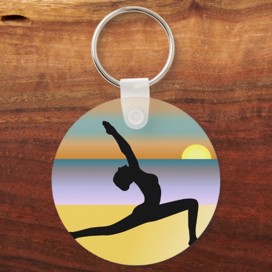 Beach Yoga Woman Posing Silhouette Round Key Chain キーホルダー (正面)
