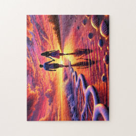 Beachside Romance Couple Sunset Walk By the Sea ジグソーパズル