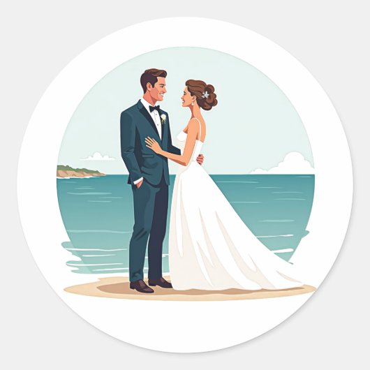 Beachside Wedding couple sticker ラウンドシール (正面)