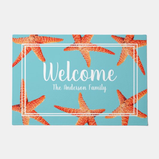 Beachy航海ので赤いヒトデの歓迎及び姓 ドアマット (正面)