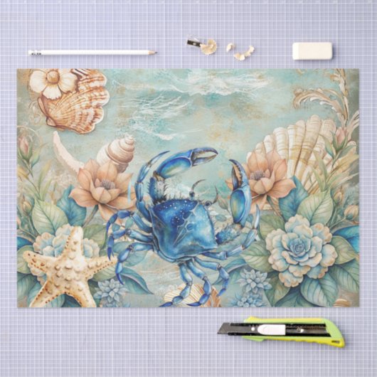 Beachy Pastel  Blue Crab & Shells Decoupage  薄葉紙 (クラフト)