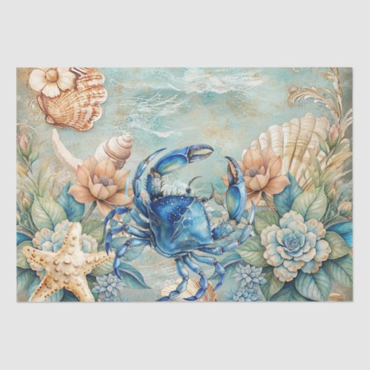 Beachy Pastel  Blue Crab & Shells Decoupage  薄葉紙 (正面)