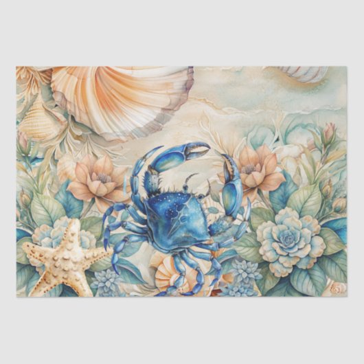 Beachy Pastel Blue Crab & Shells Decoupage 薄葉紙 (正面)