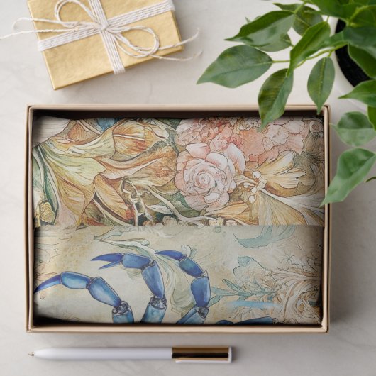 Beachy Pastel Blue Crab & Shells Decoupage 薄葉紙 (ギフト)