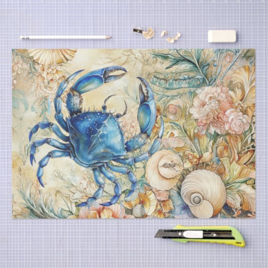 Beachy Pastel  Blue Crab & Shells Decoupage  薄葉紙 (クラフト)