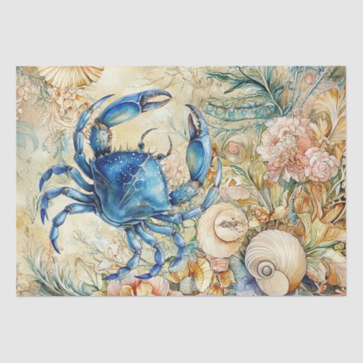 Beachy Pastel Blue Crab & Shells Decoupage 薄葉紙 (正面)