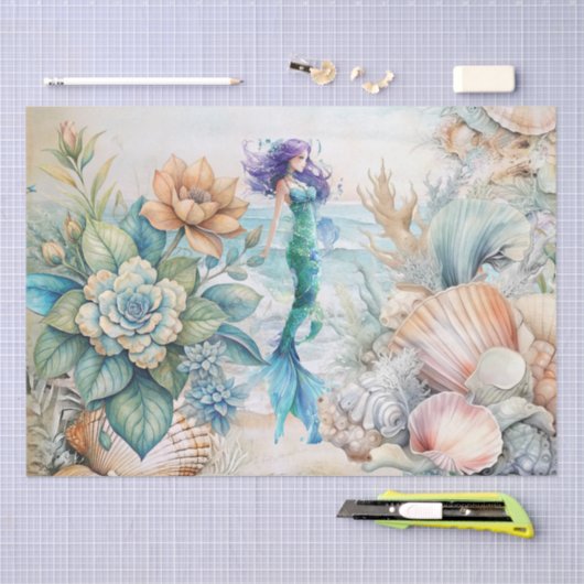 Beachy Pastel  Floral Mermaid & Shells Decoupage  薄葉紙 (クラフト)