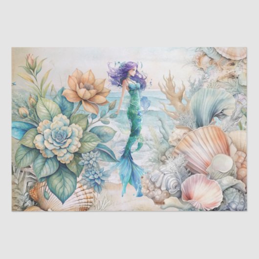 Beachy Pastel  Floral Mermaid & Shells Decoupage  薄葉紙 (正面)