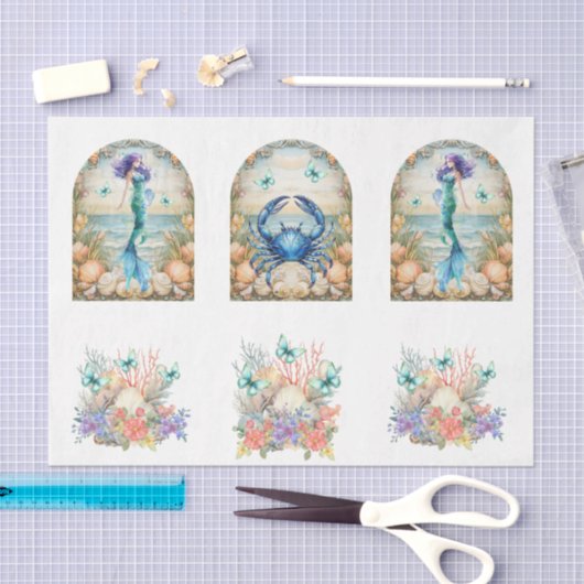 Beachy Pastel  Floral Mermaid & Shells Decoupage  薄葉紙 (クラフト)