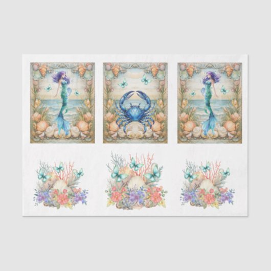 Beachy Pastel  Floral Mermaid & Shells Decoupage  薄葉紙 (正面)