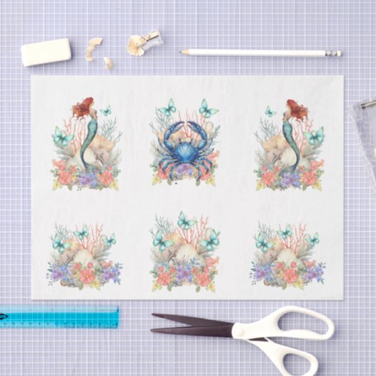 Beachy Pastel  Floral Mermaid & Shells Decoupage 薄葉紙 (クラフト)