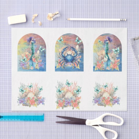 Beachy Pastel  Floral Mermaid & Shells Decoupage 薄葉紙 (クラフト)