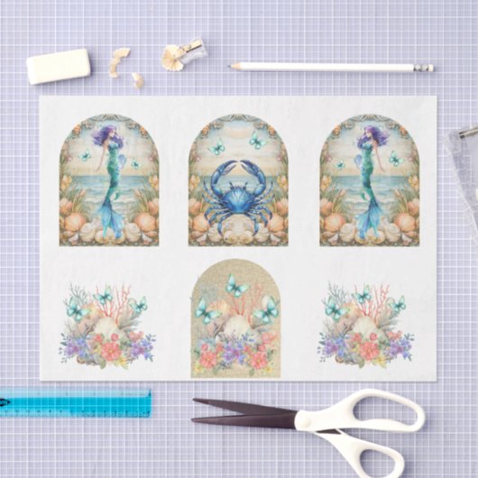 Beachy Pastel  Floral Mermaid & Shells Decoupage  薄葉紙 (クラフト)