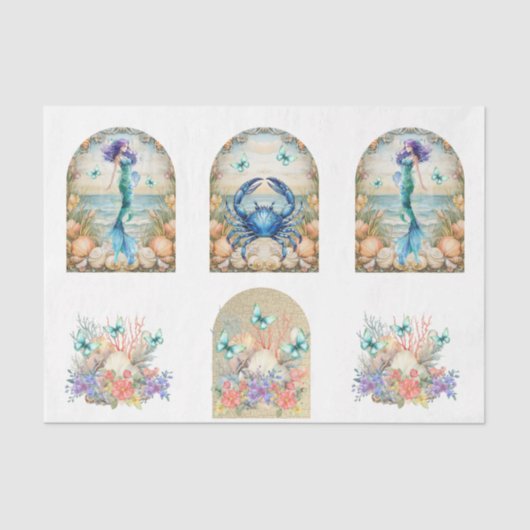 Beachy Pastel  Floral Mermaid & Shells Decoupage  薄葉紙 (正面)