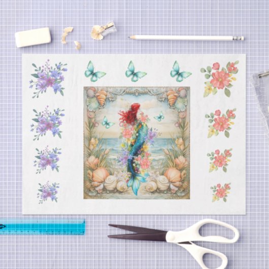 Beachy Pastel  Floral Mermaid & Shells Decoupage  薄葉紙 (クラフト)