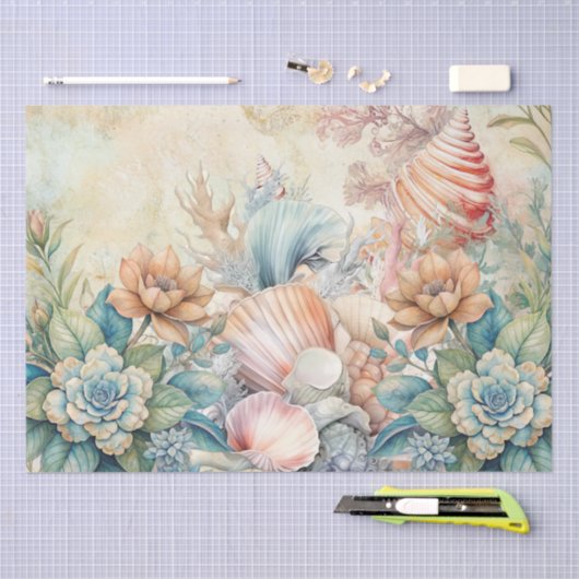 Beachy Pastel Floral Seashells Decoupage  薄葉紙 (クラフト)