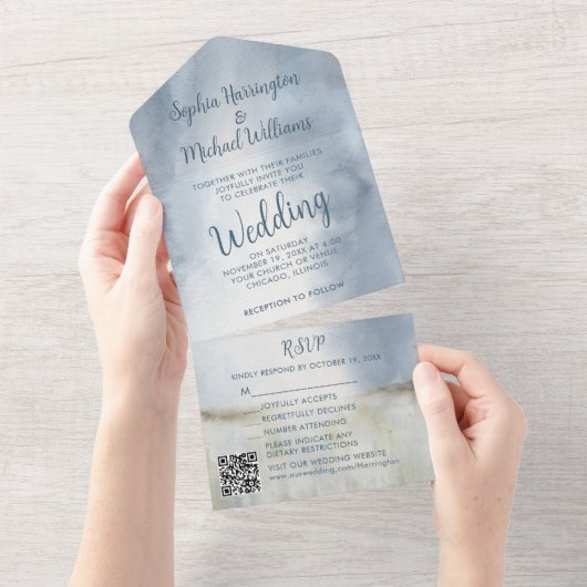Beachy Watercolor All in One Wedding Invite Beach オールインワン招待状 (貼ってはがせる)