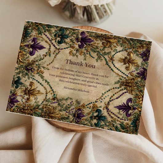 Beaded Fleur-de-Lis Mardi Gras Masquerade サンキューカード