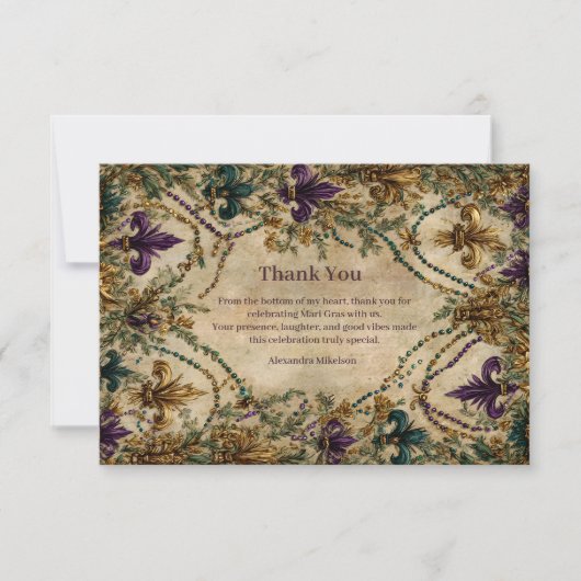 Beaded Fleur-de-Lis Mardi Gras Masquerade サンキューカード (正面)