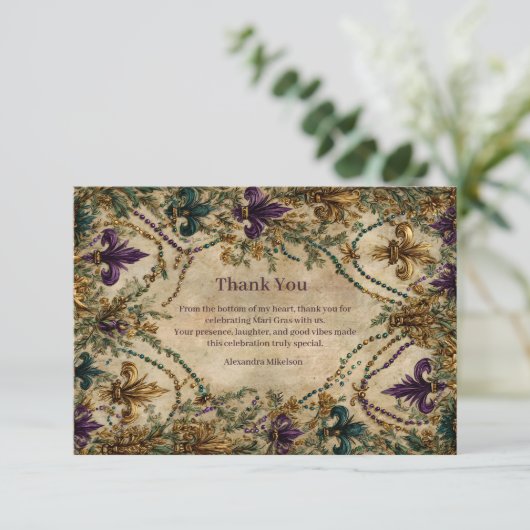 Beaded Fleur-de-Lis Mardi Gras Masquerade サンキューカード (スタンド正面)