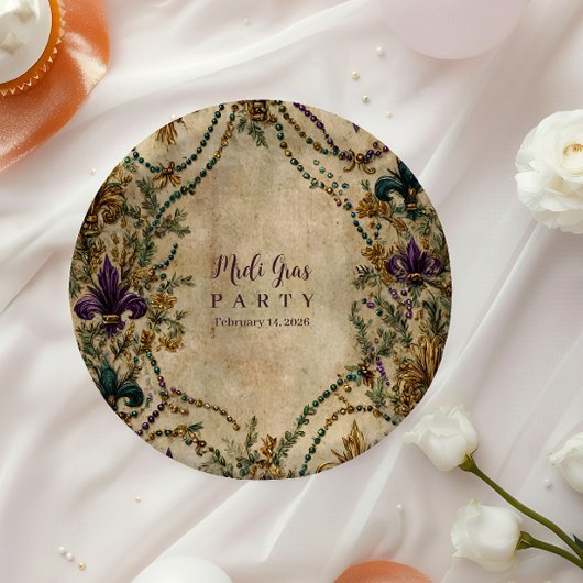 Beaded Fleur-de-Lis Mardi Gras Masquerade ペーパープレート