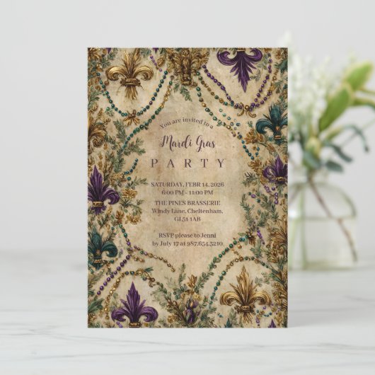 Beaded Fleur-de-Lis Mardi Gras Masquerade 招待状 (スタンド正面)